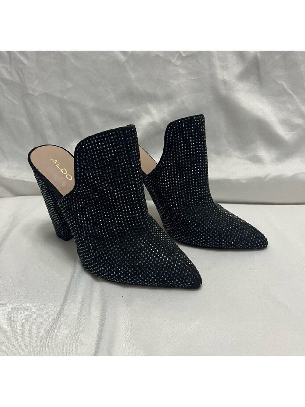 Aldo Rhinestone Crystal Embellished Mules Heels Black 7.5